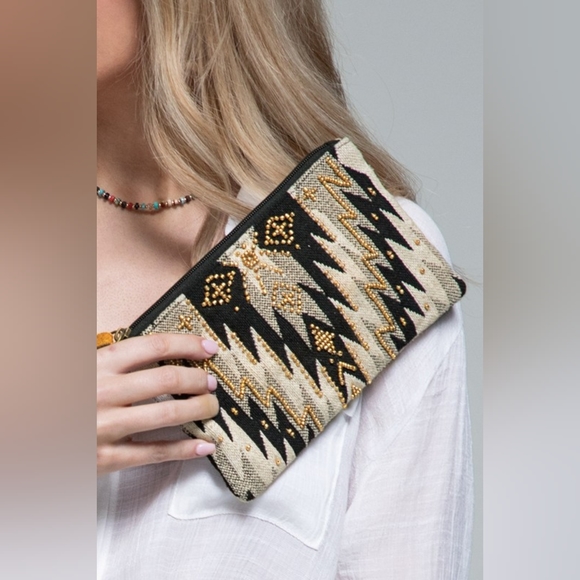 Handmade Hand Beaded Wristlet Clutch - Ethnic Inspired Design - Dyed Fine Cotton - Picture 5 of 7